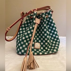 Dooney & Bourke Gingham Aimee Bucket Bag in Green & White (w/ tan trim).